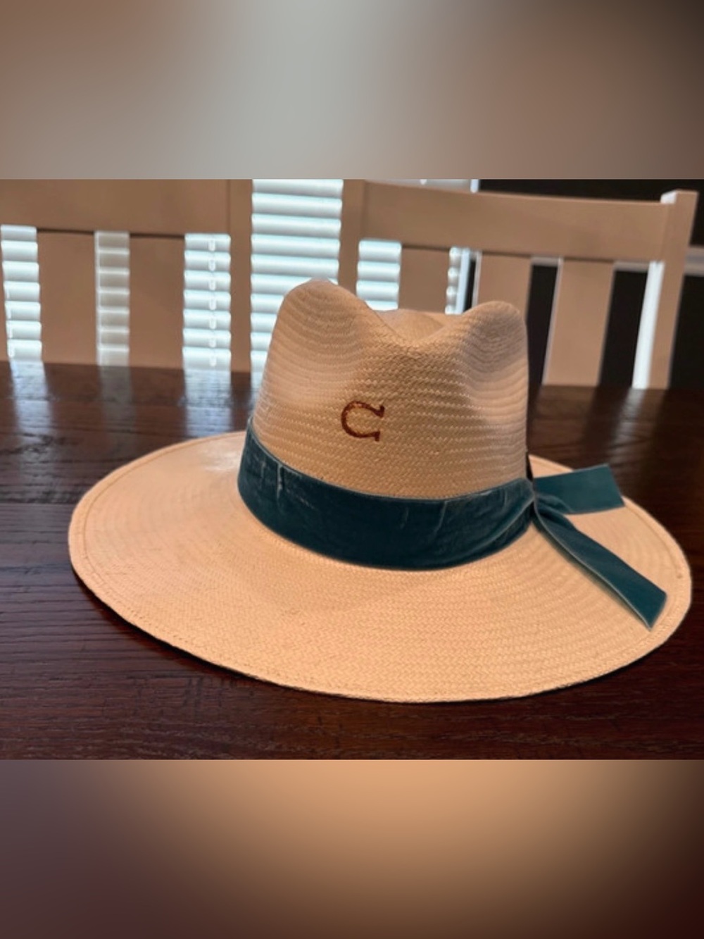 Cream Straw Fedora with Teal Velvet Band and Embroidered C